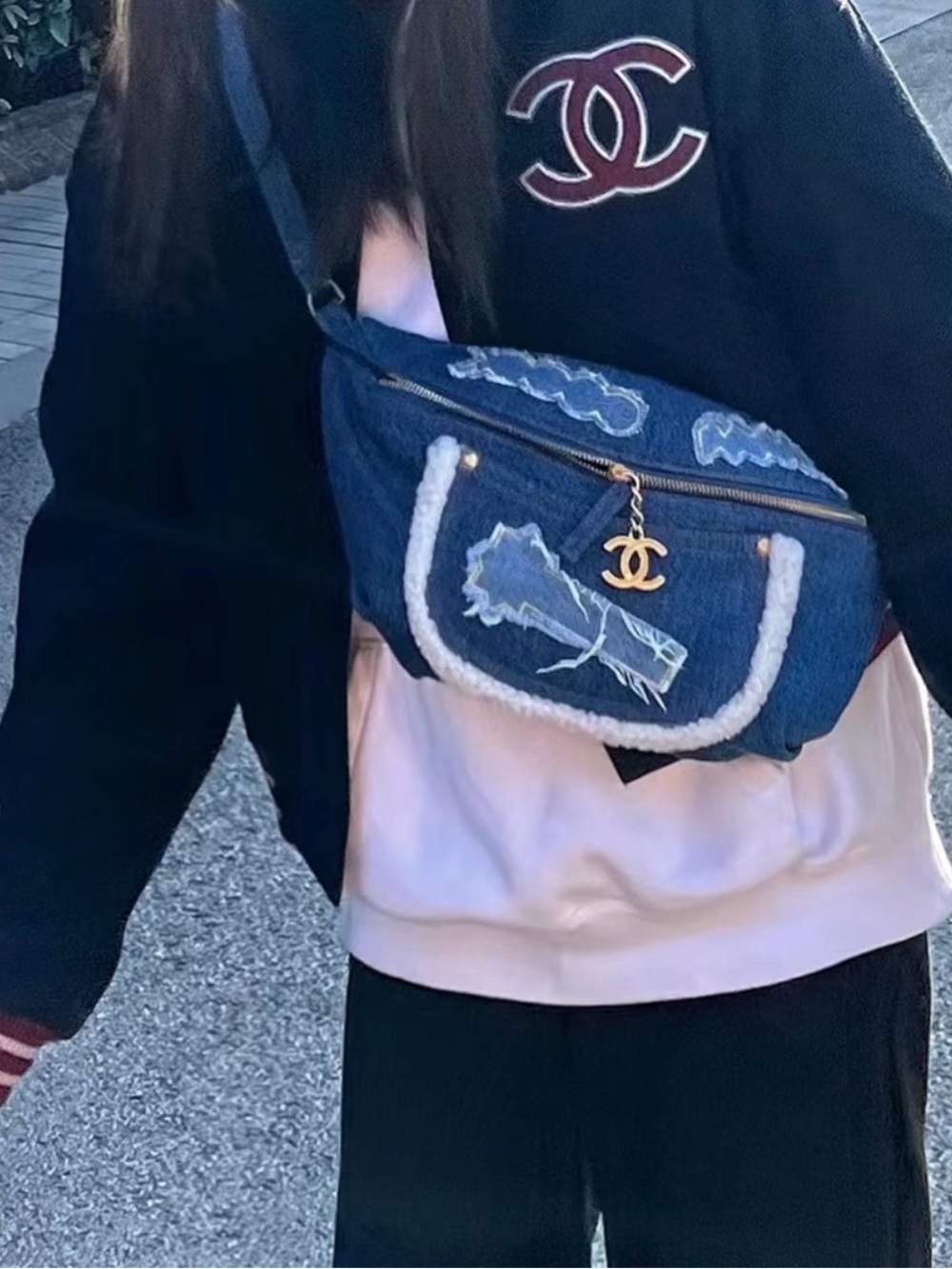 CHANEL Blue Denim Crossbody Belt Bag with Gold CC Charm